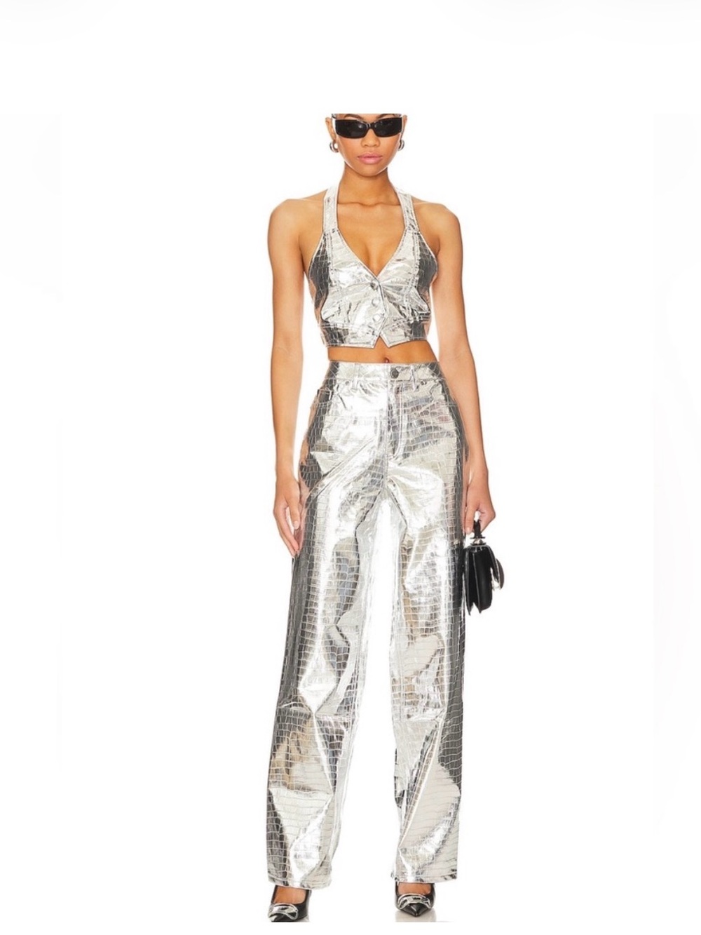 AFRM NWT Marshall Loose Straight Leg Silver Croc Pants Waist 25 CUTE!!